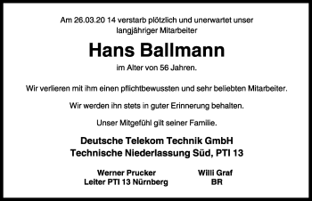 Traueranzeige von Hans Ballmann von Rothenburg