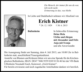 Traueranzeige von Erich Kistner von Neustadt/ Scheinfeld/ Uffenheim