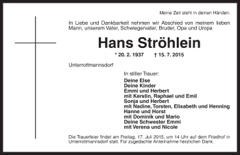 Traueranzeige von Hans Ströhlein von Ansbach