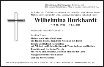 Traueranzeige von Wilhelmina Burkhardt von Ansbach