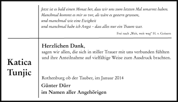 Traueranzeige von Katica Tunjic von Rothenburg