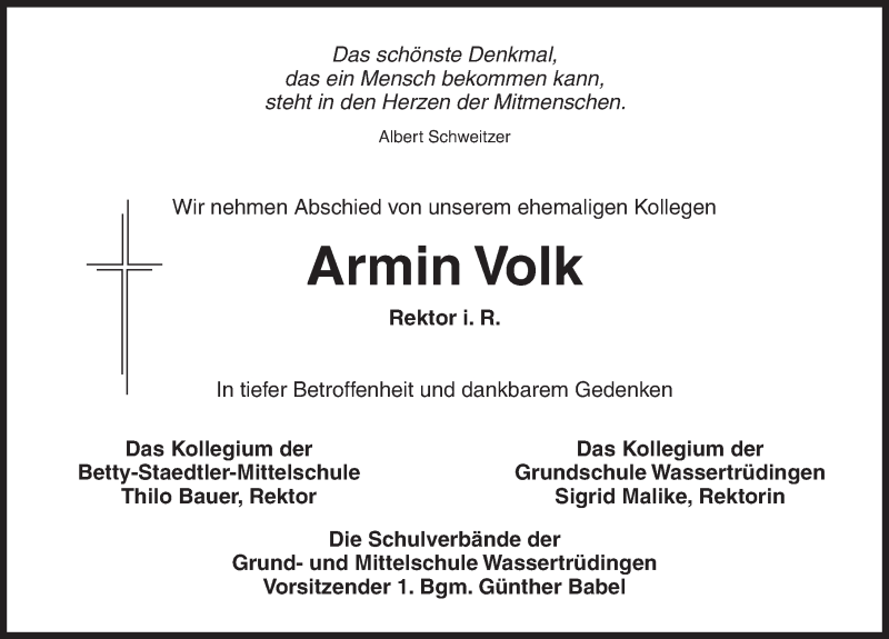 Traueranzeige für Armin Volk vom 15.01.2015 aus Dinkelsbühl/ Feuchtwangen
