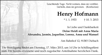 Traueranzeige von Henry Hofmann von Rothenburg