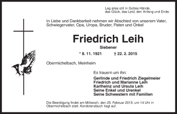 Traueranzeige von Friedrich Leih von Dinkelsbühl/ Feuchtwangen