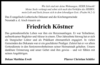 Traueranzeige von Friedrich Köstner von Neustadt/ Scheinfeld/ Uffenheim