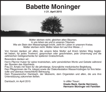 Traueranzeige von Babette  Moninger von Dinkelsbühl/ Feuchtwangen