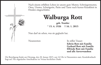 Traueranzeige von Walburga Rott von Dinkelsbühl/ Feuchtwangen