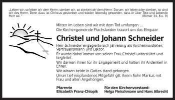 Traueranzeige von Christel und Johann  Schneider von Ansbach