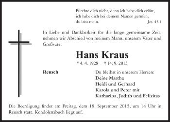 Traueranzeige von Hans Kraus von Neustadt/ Scheinfeld/ Uffenheim