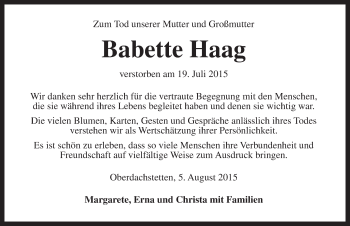 Traueranzeige von Babette Haag von Ansbach