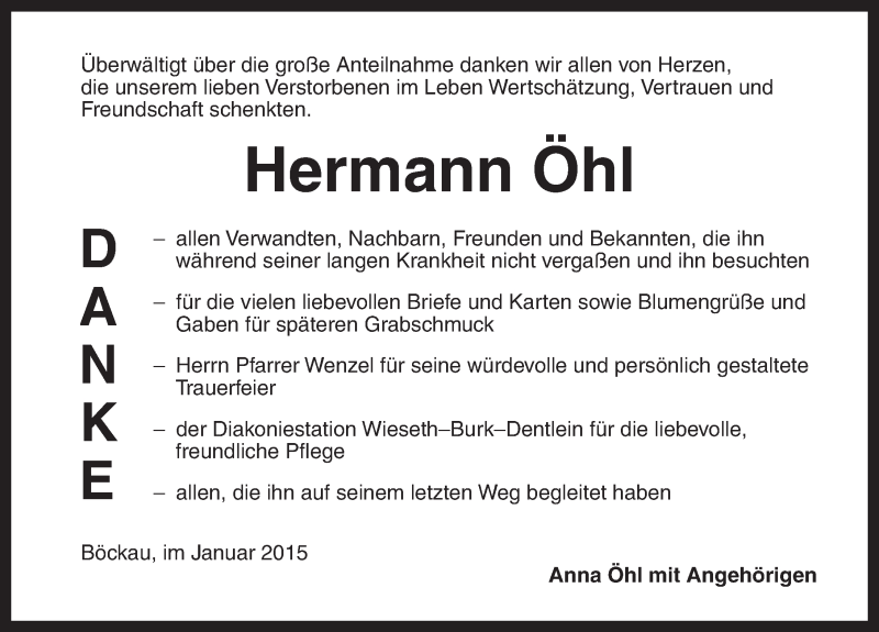  Traueranzeige für Hermann Öhl vom 21.01.2015 aus Dinkelsbühl/ Feuchtwangen