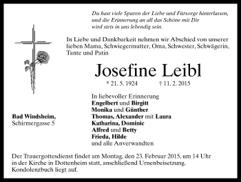 Traueranzeige von Josefine Leibl von Neustadt/ Scheinfeld/ Uffenheim