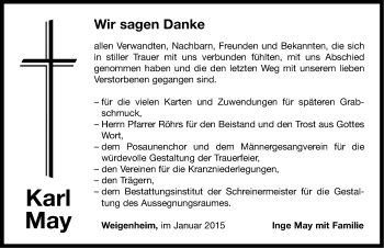 Traueranzeige von Karl May von Neustadt/ Scheinfeld/ Uffenheim