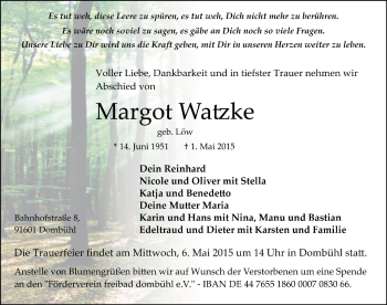 Traueranzeige von Margot Watzke von Ansbach