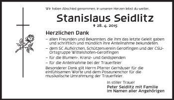 Traueranzeige von Stanislaus Seidlitz von Dinkelsbühl/ Feuchtwangen