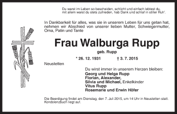 Traueranzeige von Walburga Rupp von Ansbach