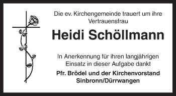 Traueranzeige von Heidi Schöllmann von Dinkelsbühl/ Feuchtwangen