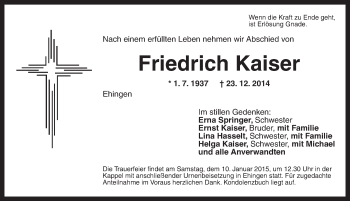 Traueranzeige von Friedrich Kaiser von Dinkelsbühl/ Feuchtwangen