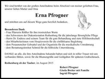 Traueranzeige von Erna Pfrogner von Rothenburg