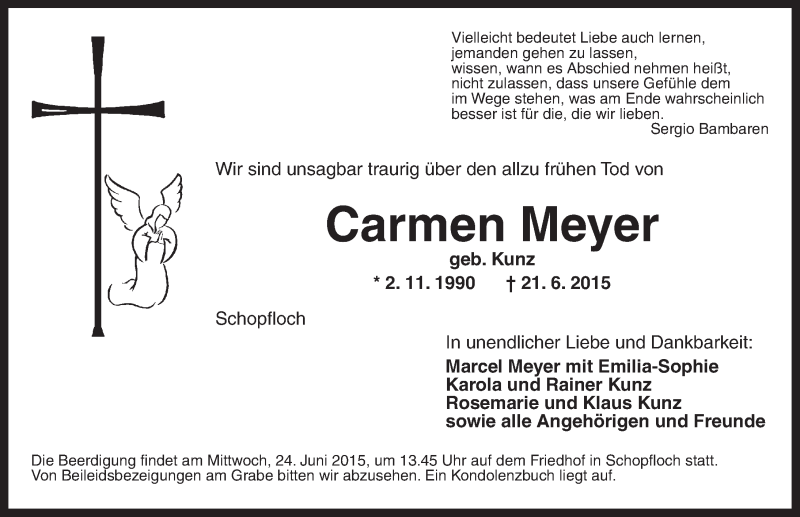  Traueranzeige für Carmen Meyer vom 23.06.2015 aus Dinkelsbühl/ Feuchtwangen