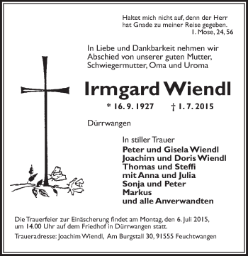 Traueranzeige von Irmgard Wiendl von Dinkelsbühl/ Feuchtwangen