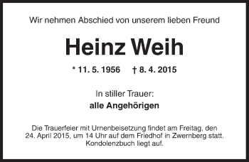 Traueranzeige von Heinz Weih von Dinkelsbühl/ Feuchtwangen