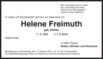 Traueranzeige von Helene Freimuth von Ansbach