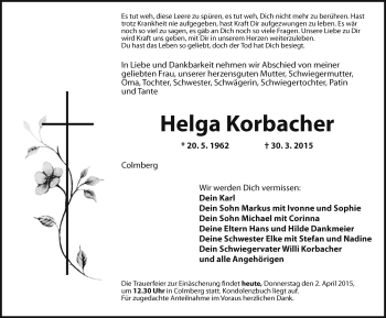 Traueranzeige von Helga Korbacher von Rothenburg