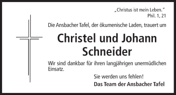 Traueranzeige von Christel und Johann  Schneider von Ansbach