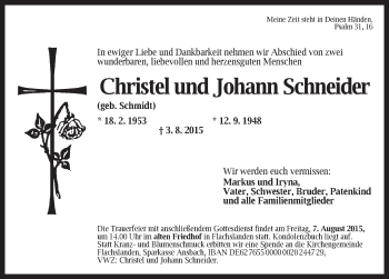 Traueranzeige von Christel und Johann  Schneider von Ansbach