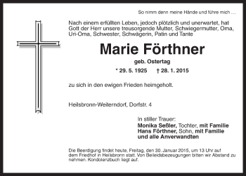 Traueranzeige von Marie Förthner von Ansbach