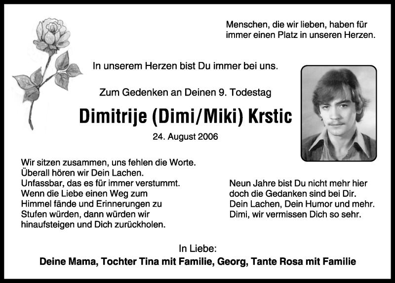  Traueranzeige für Dimitrije Krstic vom 24.08.2015 aus Rothenburg