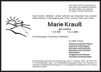 Traueranzeige von Marie Krauß von Dinkelsbühl/ Feuchtwangen