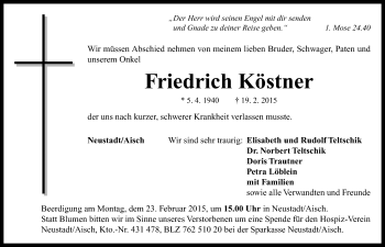 Traueranzeige von Friedrich Köstner von Neustadt/ Scheinfeld/ Uffenheim