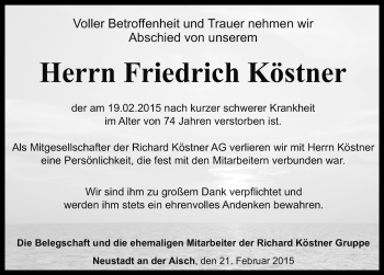 Traueranzeige von Friedrich Köstner von Neustadt/ Scheinfeld/ Uffenheim