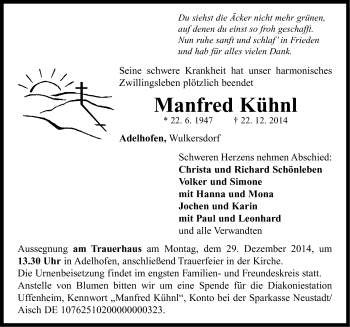 Traueranzeige von Manfred Kühnl von Neustadt/ Scheinfeld/ Uffenheim