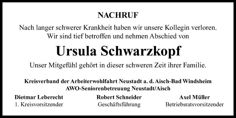  Traueranzeige für Ursula Schwarzkopf vom 04.06.2015 aus Neustadt/ Scheinfeld/ Uffenheim