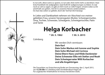 Traueranzeige von Helga Korbacher von Rothenburg