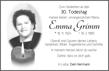 Traueranzeige von Emma Grimm von Rothenburg