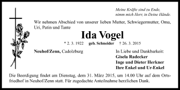 Traueranzeige von Ida Vogel von Neustadt/ Scheinfeld/ Uffenheim
