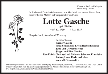 Traueranzeige von Lotte Gasche von Ansbach