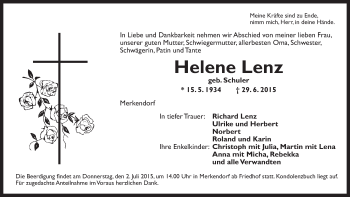 Traueranzeige von Helene Lenz von Ansbach