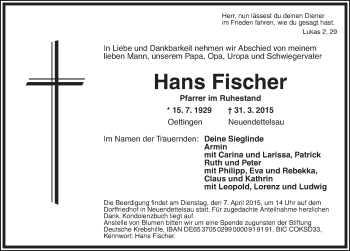 Traueranzeige von Hans Fischer von Ansbach