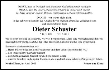 Traueranzeige von Dieter Schuster von Neustadt/ Scheinfeld/ Uffenheim