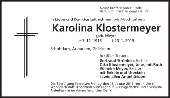 Traueranzeige von Karolina Klostermeyer von Dinkelsbühl/ Feuchtwangen