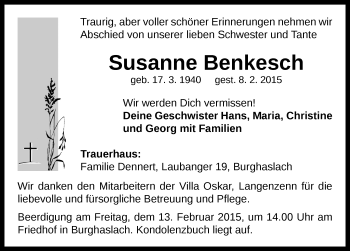 Traueranzeige von Susanne Benkesch von Neustadt/ Scheinfeld/ Uffenheim