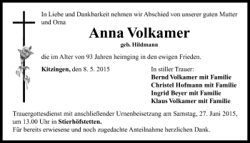 Traueranzeige von Anna Volkamer von Neustadt/ Scheinfeld/ Uffenheim