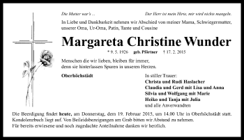 Traueranzeige von Margareta Christine Wunder von Neustadt/ Scheinfeld/ Uffenheim