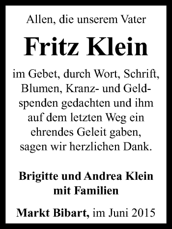 Traueranzeige von Fritz Klein von Neustadt/ Scheinfeld/ Uffenheim