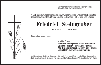 Traueranzeige von Friedrich Steingruber von Dinkelsbühl/ Feuchtwangen